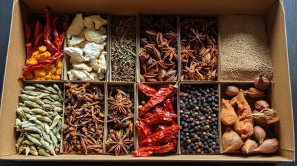Assorted spices in a cardboard box.  Various dried herbs, peppers, seeds, and nuts arranged in compartments.