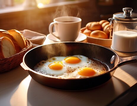 una sart&eacute;n con dos huevos fritos calientes junto a una taza de vidrio de caf&eacute; caliente y humeante, una variadad de panes en un canasto, en una cocina calida y luminosa