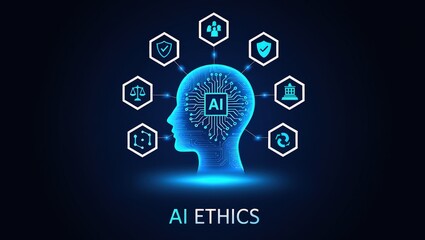 Human silhouette hologram with brain and chip, AI ethics and business policy