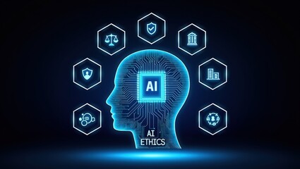 Human silhouette hologram with brain and chip, AI ethics and business policy