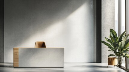 Minimalist reception area with natural light and indoor plant