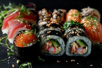 Intricate arrangement of sushi rolls and sashimi featuring a variety of fresh ingredients like...