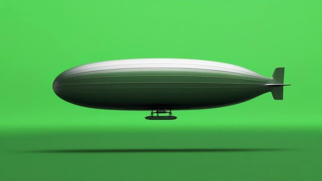 Green, white zeppelin airship floating against chroma key background, providing seamless compositing solution for visual effects, animation, and creative digital projects