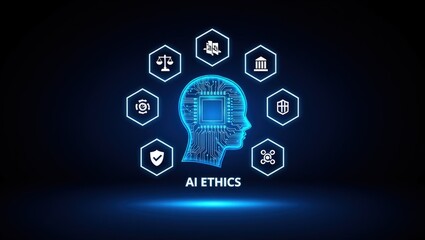 Human silhouette hologram with brain and chip, AI ethics and business policy