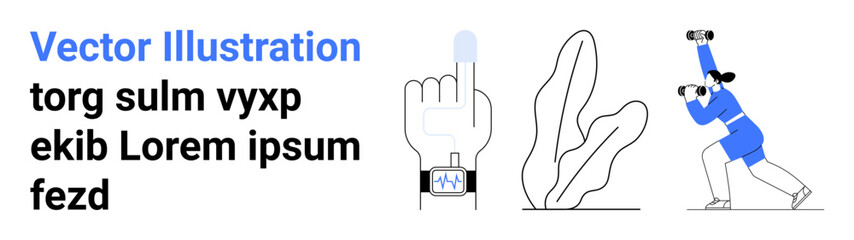 Hand interacting with a smartwatch, woman exercising with dumbbells, and abstract organic shapes. Ideal for technology, health, fitness, minimalism, productivity, modern lifestyle simple landing