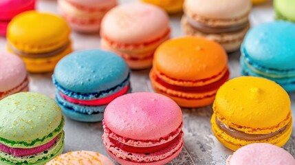 Fototapeta premium Vibrant closeup of colorful French macarons, a delectable dessert on a sweet background.