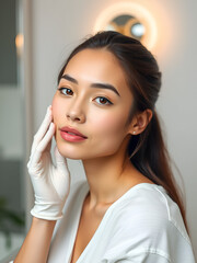 Naklejka premium Portrait of a young woman cleaning face in a studio, beauty and skin care.