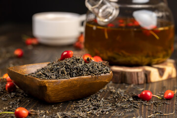 ingredients for making delicious tea with the addition of rose fruits