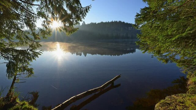 See, Sonnenaufgang, Nebel, Fr&uuml;hling, Windgf&auml;llweiher, Lenzkirch, Schwarzwald, Baden-W&uuml;rttemberg, Deutschland, Europa