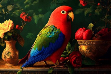 Fototapeta premium A vibrant parrot displays its striking red, blue, and green feathers while perched next to roses in a decorative vase. The lush floral background adds elegance to the scene