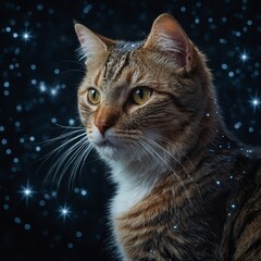 A cat with a constellation pattern glowing on its fur.