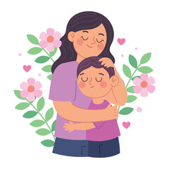 Mothers Day Illustration of a Loving Mom Hugging Her Son with Flowers