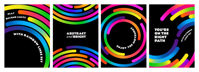 Abstract Gradient Line Patterns on Black Background. Vector Circle Shape Color Geometric Graphics. Rainbow Dynamic Waves and Circular Design Elements.