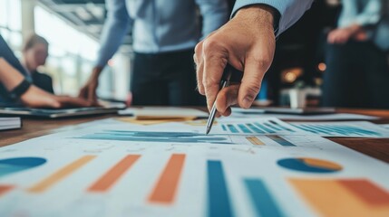 Business team analyzing charts and graphs on a table. Close-up view of a hand pointing to data. Collaboration, strategy, and data analysis concept..