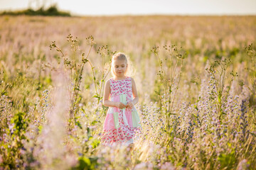 Smiling Girl in Pink Floral Dress in Blooming Meadow