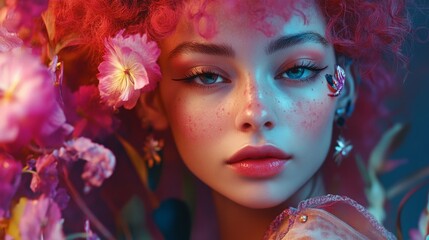 Obraz premium Fantasy portrait of woman with floral elements and glowing skin