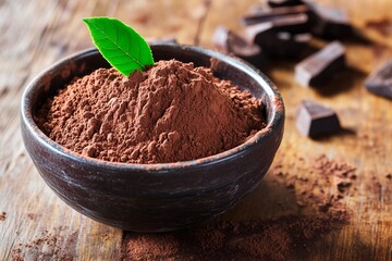 Rich cocoa powder rests in a dark wooden bowl, complemented by a green leaf on top. Pieces of chocolate are scattered around a rustic wooden surface