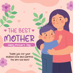 Beautiful Mothers Day Illustration with Flowers in Pink and Lilac
