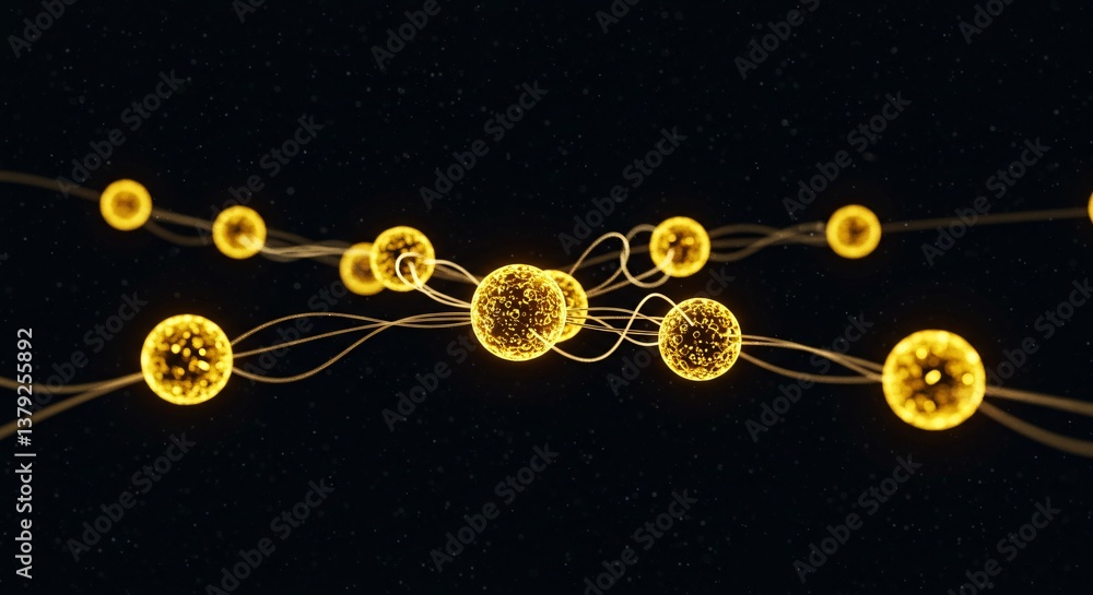 Poster connected golden orbs with flowing lines symbolize network, communication, and data streams for tech