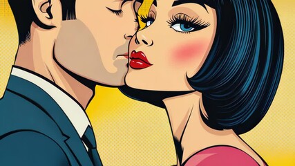 A vibrant pop artinspired Valentines Day poster featuring a woman and a man in a fun comic style.