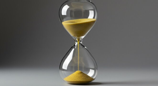 Hourglass with yellow sand counting time, time management. Passing, urgency and transience concept, for design layout, marketing materials, and education themes