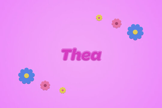 Thea female girl name illustration in pink with blossoms, flowers