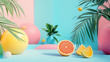 Minimal pastel summer concept with citrus and tropical plants