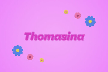 Thomasina female girl name illustration in pink with blossoms, flowers