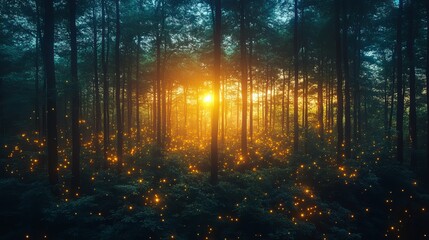 Magical Firefly Forest Sunset Scene Tranquil Nature Photography Serene Golden Hour Twilight Enchanted Woods Mystical Atmosphere Summer Night Peaceful 