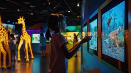 Child interacting with interactive touch screen display in museum exhibiting animals.