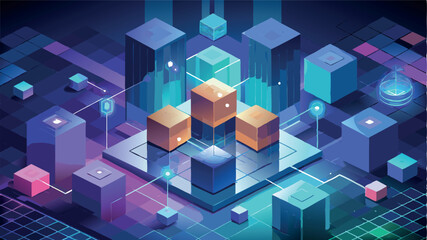 Blockchain cubes in isometric, innovative technologies, artificial intelligence technologies. Vector illustration