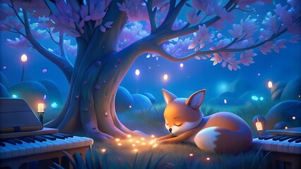 a cute fox sleeping under a glowing tree soft pia Lo-fi Vibes Lo-fi song wallpaper, 4K background