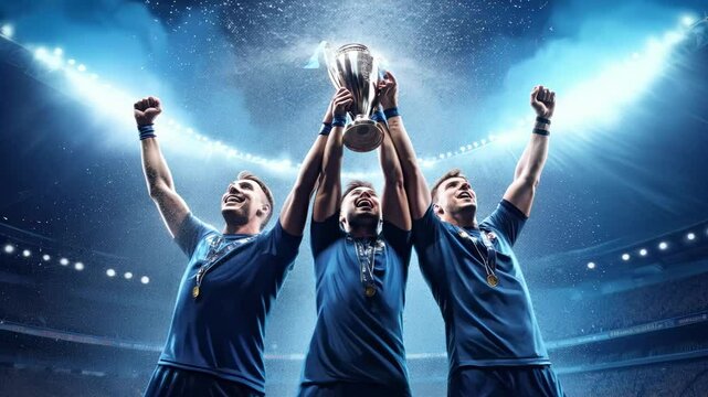 Low-angle video still of three jubilant soccer players in blue jerseys holding a trophy, celebrating under stadium lights with confetti falling.