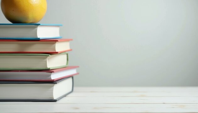 Stacked books topped with a yellow apple on a wooden table  