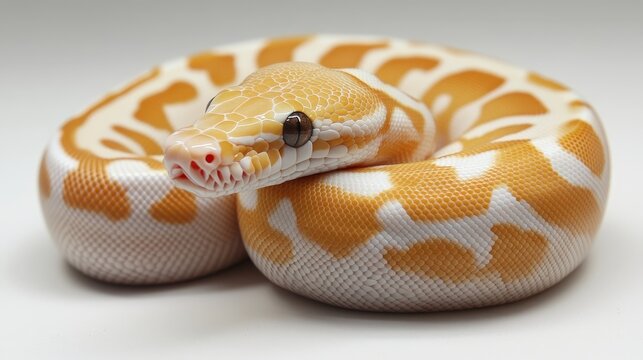 Striking ball python with vibrant orange and white patterns. A glimpse of its tongue adds captivating detail against a clean white backdrop