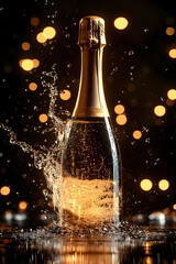A champagne bottle bursts open with sparkling splashes against a festive bokeh background