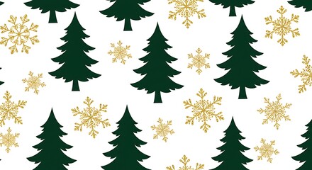 Green Trees Gold Snowflakes Festive Winter Pattern AI Generated