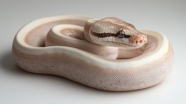 Striking ball python coils on a white backdrop. Rich brown head contrasts with its creamy, patterned body. A beautiful, close-up portrait
