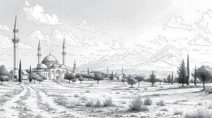 Fototapeta premium Detailed Mosque Drawing with Minarets and Mountain Landscape Sketch Art