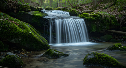 Obraz premium Serene Moss-Draped Waterfall in Lush Forest Glen