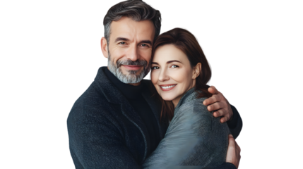 Elegant Middle-Aged Couple Embracing in Loving Embrace on White Background