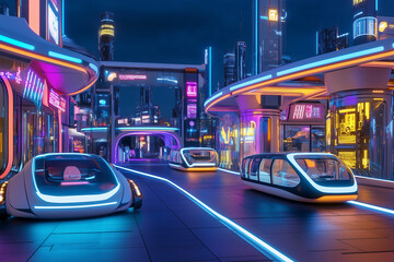 Futuristic Neon City Street with Self-Driving Cars at Night – Cyberpunk Smart Transportation Scene