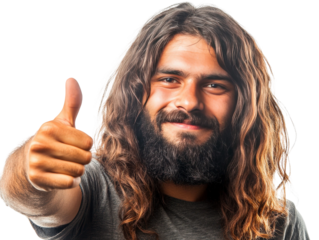 Young man with long hair and beard giving a thumbs up gesture with a cheerful smile on his face, showcasing confidence and positivity in lifestyle imagery