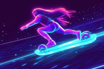 Obraz premium A cyberpunk anime girl showcasing futuristic style, riding a skateboard in a cityscape setting.