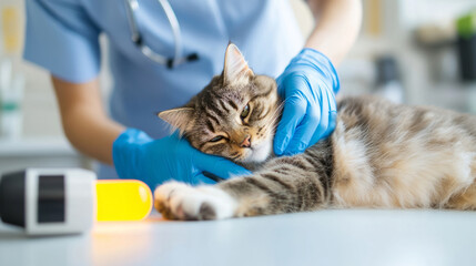 Caring veterinarian using laser treatment on cat for animal pain awareness