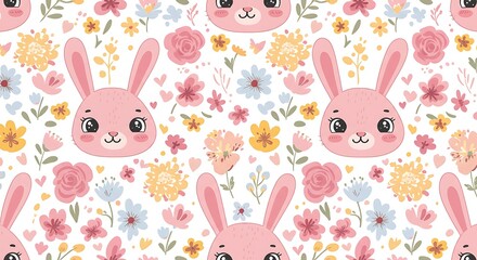 Sweet Bunny Floral Delight Pastel Pattern AI Generated