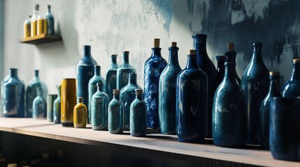 Collection of blue glass bottles on rustic shelf