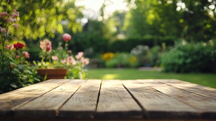 Rustic Wooden Table Summer Garden Background Peaceful Nature Scene Tranquil Outdoor Setting Idyllic Summer Day Lush Greenery Vibrant Flowers Blooming 