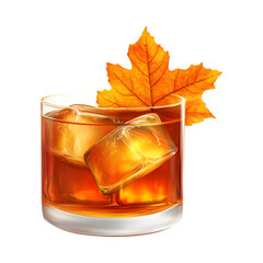 Glass of Whiskey with Orange Leaf Isolated on Transparent Background
