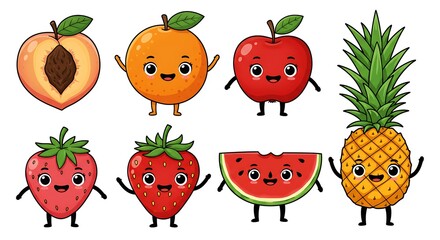 Fototapeta premium Adorable Cartoon Fruit Characters Vibrant Colors Happy Expressions AI Generated